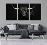 97914921-MGV-CV-36X24-Black Bull Wall Art Canvas Print, Framed Longhorn Bull Art Picture Print, Western Bull Perfect Monochrome Western Decor Artwork