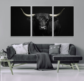 97914921-MGV-CV-36X24-Black Bull Wall Art Canvas Print, Framed Longhorn Bull Art Picture Print, Western Bull Perfect Monochrome Western Decor Artwork
