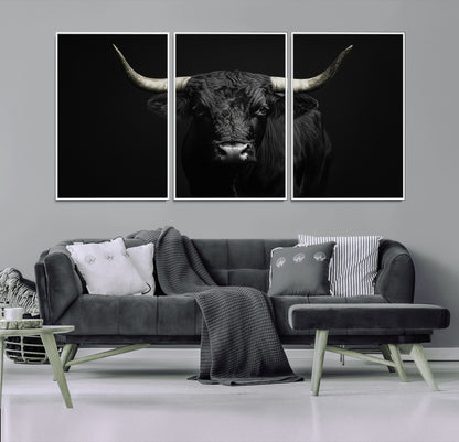 97914921-MGV-CV-36X24-Black Bull Wall Art Canvas Print, Framed Longhorn Bull Art Picture Print, Western Bull Perfect Monochrome Western Decor Artwork