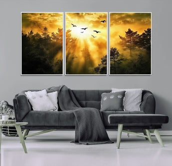 13776802-MGV-FC-60X30-3P_White-Golden Forest Wall Art Canvas Print, Framed Sunset Pines Art Picture Print, Flying Birds Perfect Nature Glow Decor Artwork