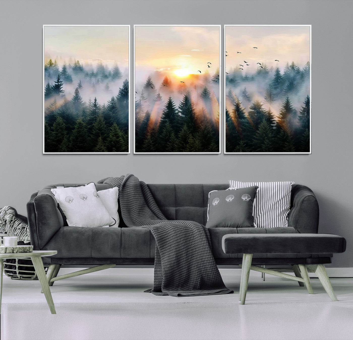 56391411-MGV-CV-36X24-Misty Forest Wall Art Canvas Print, Framed Sunrise Pines Art Picture Print, Moody Pines Perfect Serene Woodland Decor Artwork