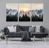 56391411-MGV-CV-36X24-Misty Forest Wall Art Canvas Print, Framed Sunrise Pines Art Picture Print, Moody Pines Perfect Serene Woodland Decor Artwork