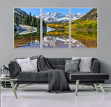 87724099-MGV-CV-36X24-Maroon Bells Wall Art Canvas Print, Framed Snowy Mountains Art Picture Print, Pine Forest Perfect Vibrant Alpine Decor Artwork