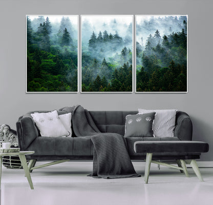 17393683-MGV-CV-36X24-Misty Forest Art Wall Art Canvas Print, Framed Foggy Mountain Art Art Picture Print, Scenic Wall Print Perfect Decor Artwork