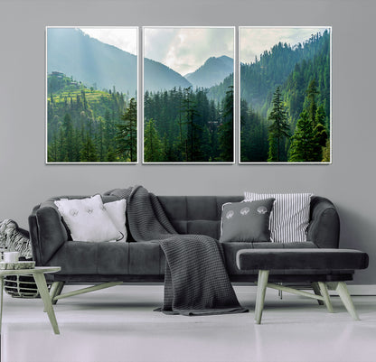 83417191-MGV-CV-36X24-Misty Mountain Forest Wall Art – Pine Tree Landscape Canvas Print, Nature Photography Panorama, Tranquil Green Forest Décor for