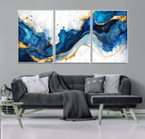 33506371-MGV-FC-60X30-3P_White-Blue Marble Wall Art Canvas Print, Framed Gold Splash Art Picture Print, Abstract Wave Perfect Modern Luxe Decor Artwork