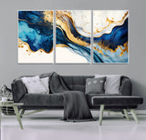 60283636-MGV-FC-60X30-3P_White-Blue Gold Flow Wall Art Canvas Print, Framed Marble Texture Art Picture Print, Elegant Splash Perfect Elegant Abstract Decor