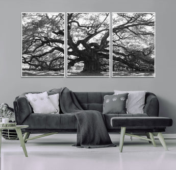 81655611-MGV-FC-60X30-3P_White-Ancient Oak Wall Art Canvas Print, Framed Twisted Branches Art Picture Print, Gnarled Tree Perfect Moody Nature Decor Artwork