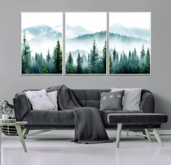 16716676-MGV-FC-60X30-3P_White-Pine Forest Wall Art Canvas Print, Framed Misty Mountains Art Picture Print, Foggy Trees Perfect Moody Forest Decor Artwork