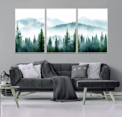 16716676-MGV-FC-60X30-3P_White-Pine Forest Wall Art Canvas Print, Framed Misty Mountains Art Picture Print, Foggy Trees Perfect Moody Forest Decor Artwork