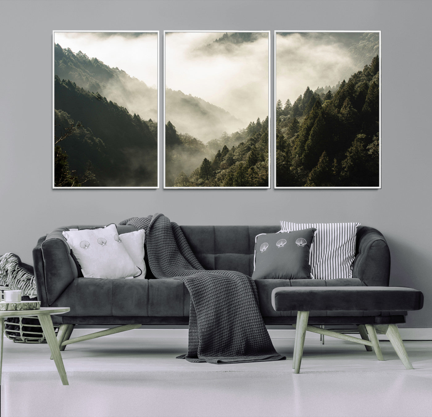 57570237-MGV-CV-36X24-Misty Valley Wall Art Canvas Print, Framed Foggy Forest Art Picture Print, Pine Trees Perfect Moody Woodland Decor Artwork