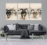 61538944-MGV-FC-60X30-3P_White-Texas Longhorn Wall Art Canvas Print, Framed Cattles Walking Art Picture Print, Black White Bulls Perfect Rustic Western Decor