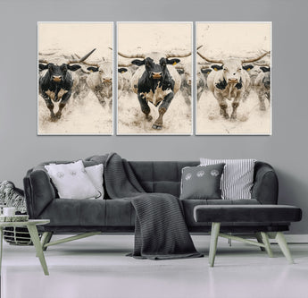 61538944-MGV-FC-60X30-3P_White-Texas Longhorn Wall Art Canvas Print, Framed Cattles Walking Art Picture Print, Black White Bulls Perfect Rustic Western Decor