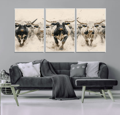 61538944-MGV-FC-60X30-3P_White-Texas Longhorn Wall Art Canvas Print, Framed Cattles Walking Art Picture Print, Black White Bulls Perfect Rustic Western Decor