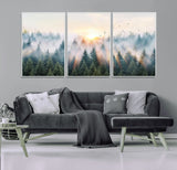 92718976-MGV-CV-36X24-Misty Forest Wall Art Canvas Print, Framed Sunrise Pines Art Picture Print, Foggy Woodland Perfect Moody Woodland Decor Artwork
