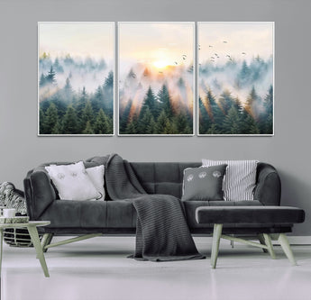 92718976-MGV-CV-36X24-Misty Forest Wall Art Canvas Print, Framed Sunrise Pines Art Picture Print, Foggy Woodland Perfect Moody Woodland Decor Artwork