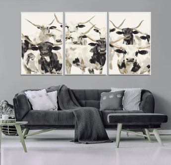 52947970-MGV-FC-60X30-3P_White-Texas Longhorn Wall Art Canvas Print, Framed Cattle Herd Art Picture Print, Herd Portrait Perfect Modern Farmhouse Decor Artwork