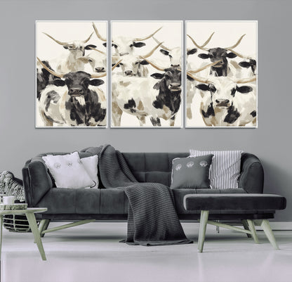 52947970-MGV-FC-60X30-3P_White-Texas Longhorn Wall Art Canvas Print, Framed Cattle Herd Art Picture Print, Herd Portrait Perfect Modern Farmhouse Decor Artwork
