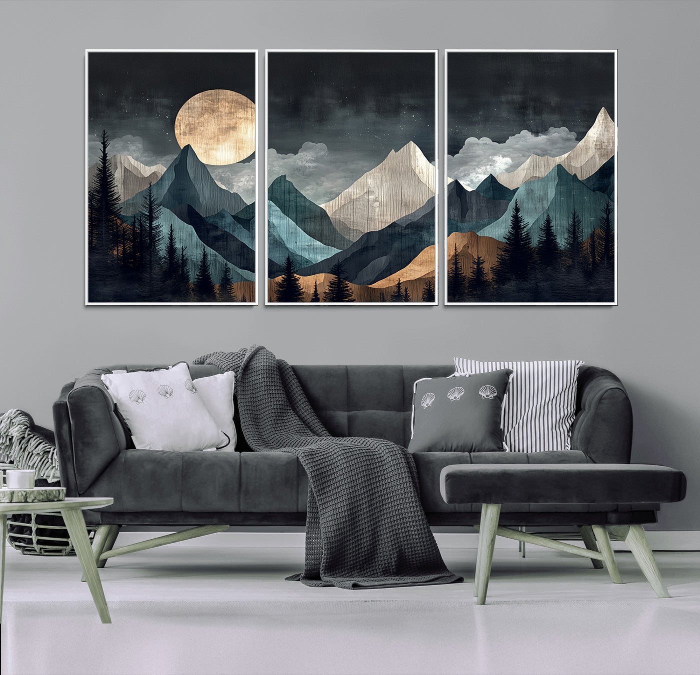 11060882-MGV-CV-36X24-Moonlit Mountains Wall Art Canvas Print, Framed Forest Silhouette Art Picture Print, Night Landscape Perfect Modern Forest Decor