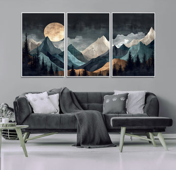 11060882-MGV-CV-36X24-Moonlit Mountains Wall Art Canvas Print, Framed Forest Silhouette Art Picture Print, Night Landscape Perfect Modern Forest Decor