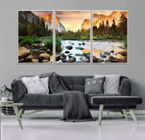 90956031-MGV-FC-60X30-3P_White-Yosemite Valley Wall Art – Scenic Mountain River Landscape Canvas Print, Nature Photography for Living Room, Bedroom, Cabin,