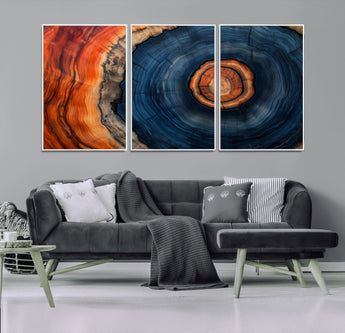 72209152-MGV-FC-60X30-3P_White-Abstract Tree Ring Wall Art – Vibrant Blue Orange Wood Grain Canvas Print, Rustic Modern Nature Artwork for Living Room, Office,