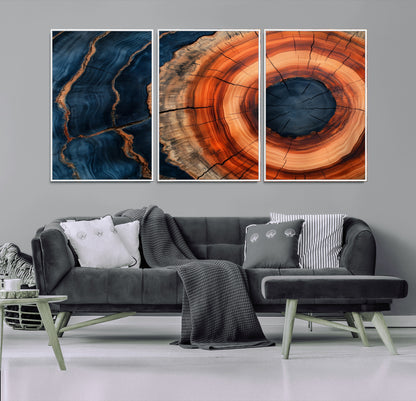 41123192-MGV-CV-36X24-Tree Ring Canvas Wall Art – Abstract Blue Orange Wood Grain Print, Rustic Modern Nature Artwork for Living Room, Bedroom, Office