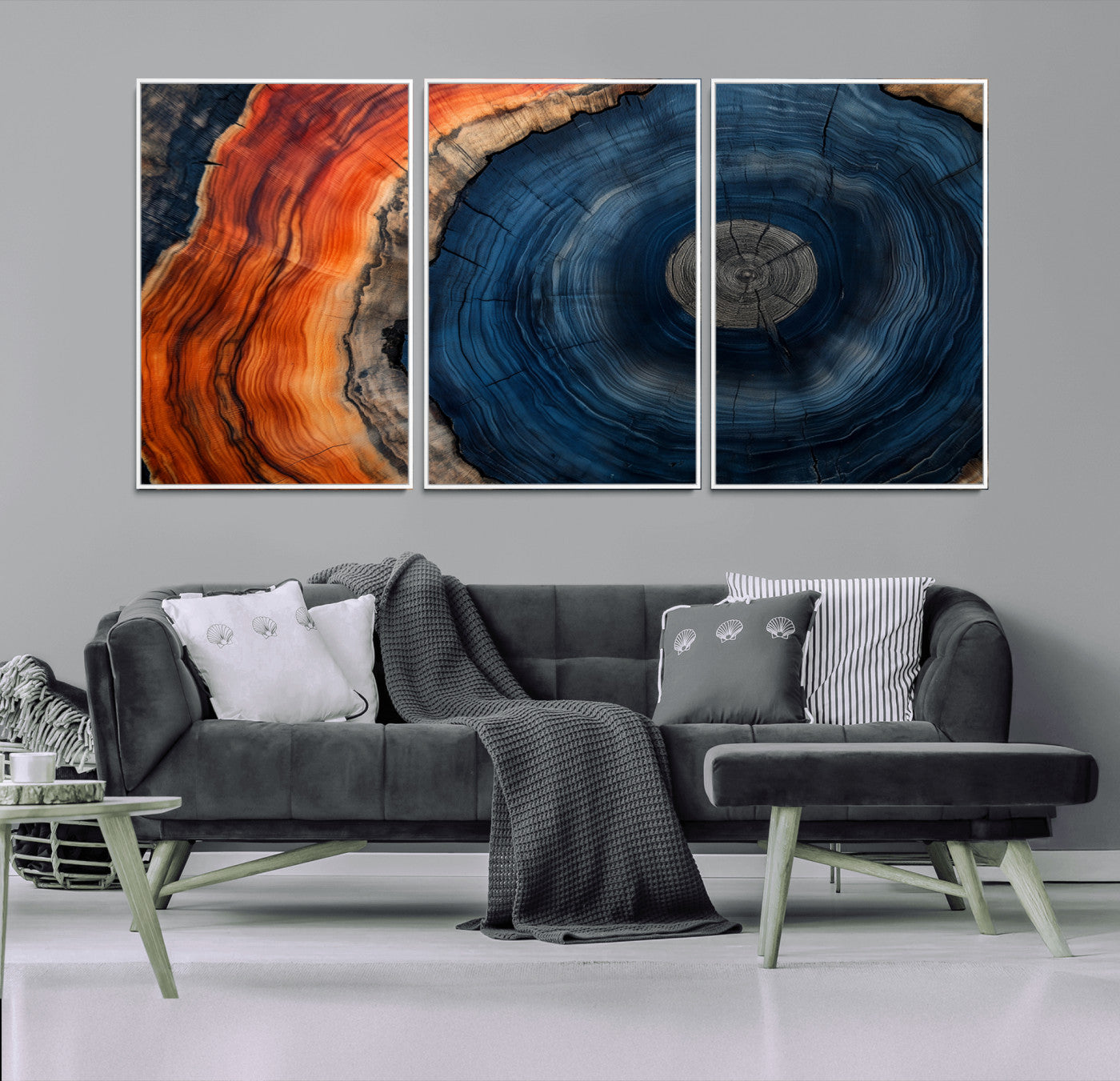 99491700-MGV-CV-36X24-Tree Ring Canvas Wall Art – Blue Orange Abstract Wood Grain Print, Rustic Modern Nature Artwork for Living Room, Office, Bedroom
