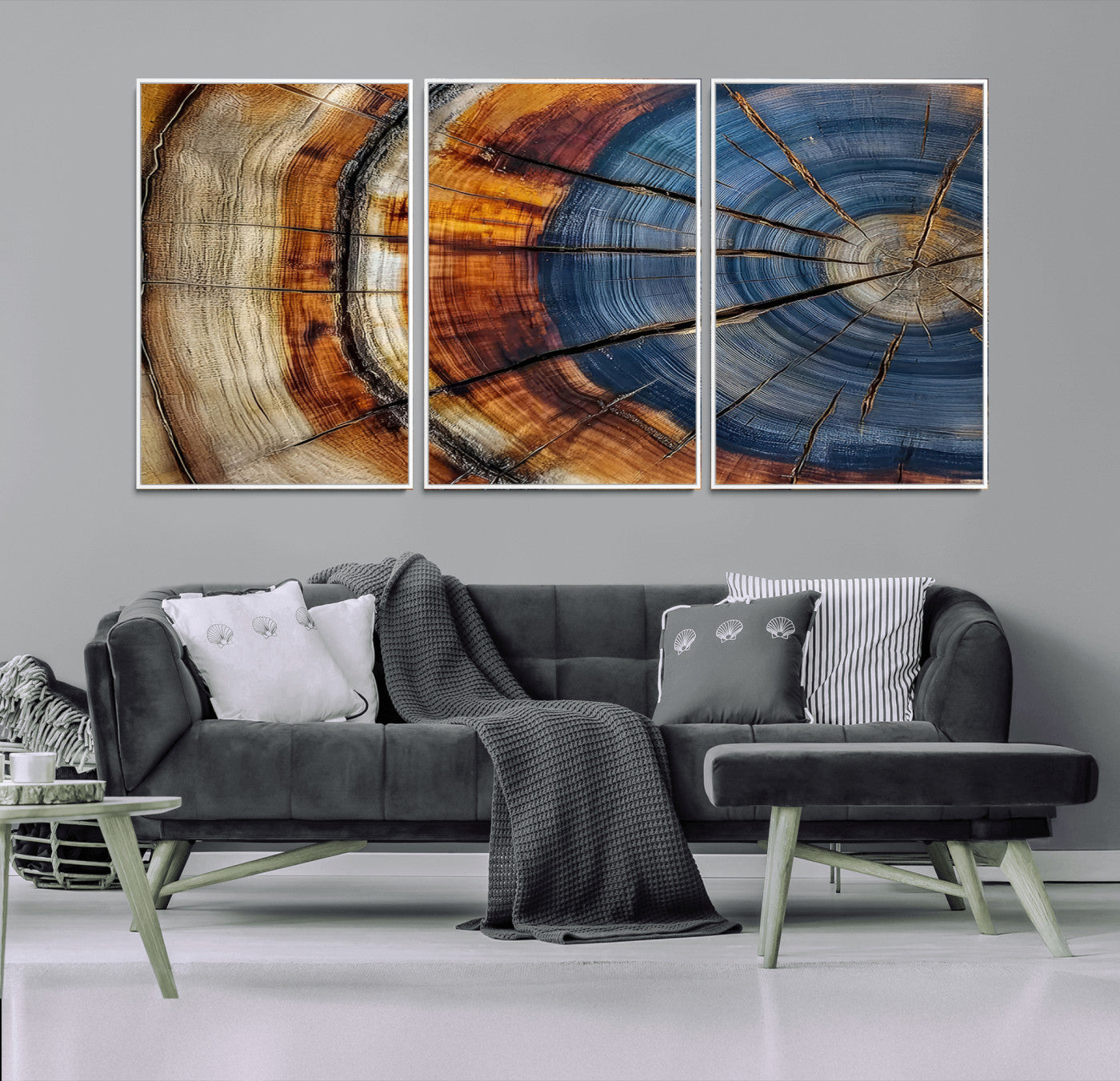 18032999-MGV-CV-36X24-Tree Ring Wall Art – Blue Brown Abstract Wood Slice Canvas Print, Rustic Modern Nature Decor for Living Room, Office, Bedroom or