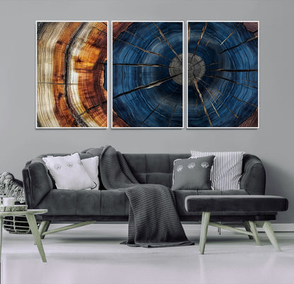 60099360-MGV-FC-60X30-3P_White-Blue Tree Ring Wall Art – Rustic Wood Grain Canvas Print, Modern Abstract Artwork with Natural Texture for Living Room, Bedroom,