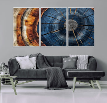 45268471-MGV-CV-36X24-Blue Tree Ring Wall Art – Rustic Wood Cross Section Canvas Print, Modern Abstract Nature Decor for Living Room, Office, or Cabin