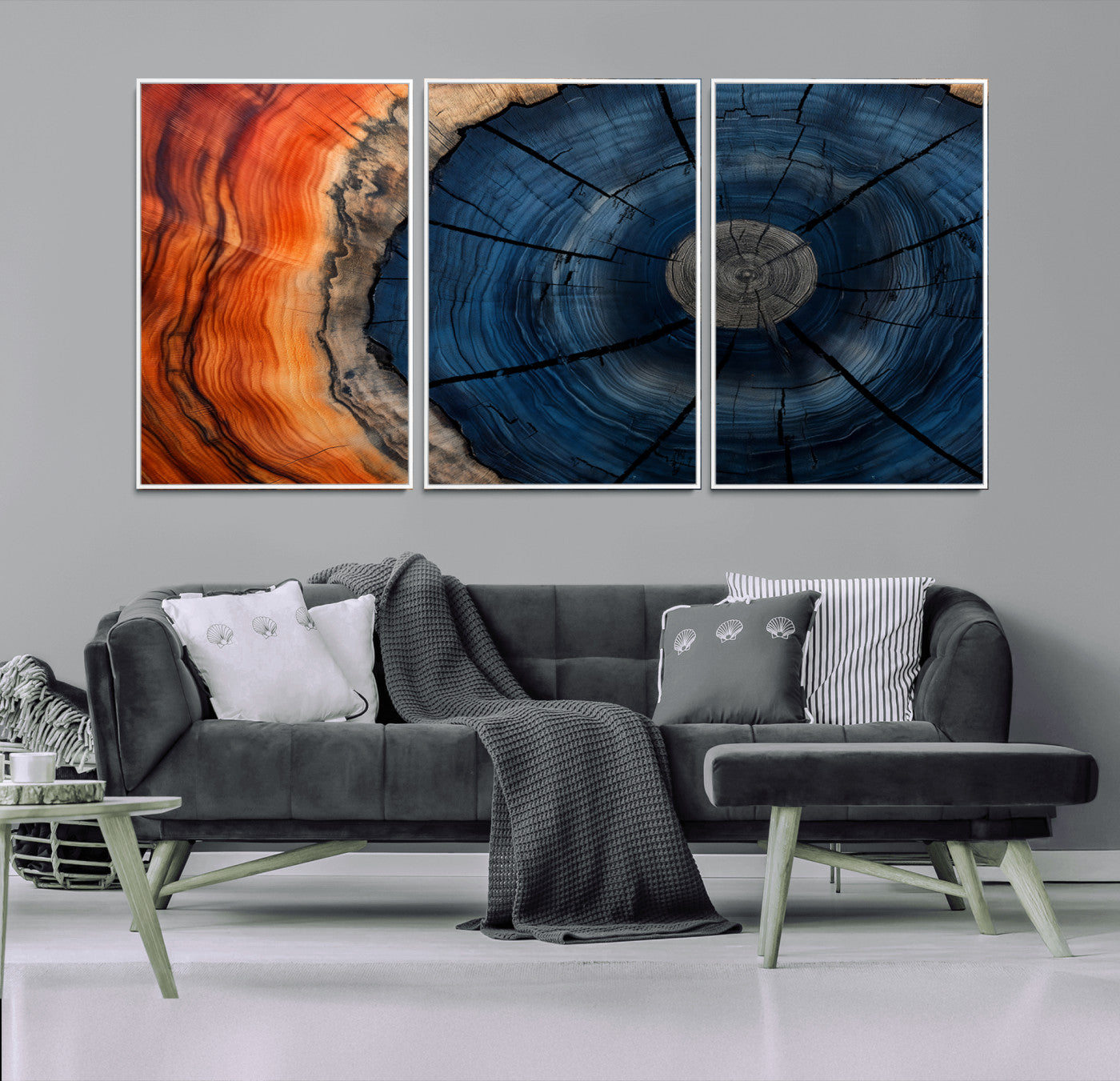 26110607-MGV-CV-36X24-Blue and Orange Tree Ring Wall Art – Abstract Wood Cross Section Canvas Print, Modern Rustic Nature Decor for Living Room, Office,