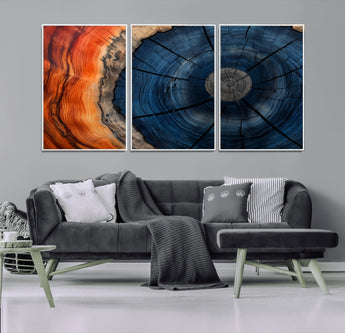26110607-MGV-CV-36X24-Blue and Orange Tree Ring Wall Art – Abstract Wood Cross Section Canvas Print, Modern Rustic Nature Decor for Living Room, Office,
