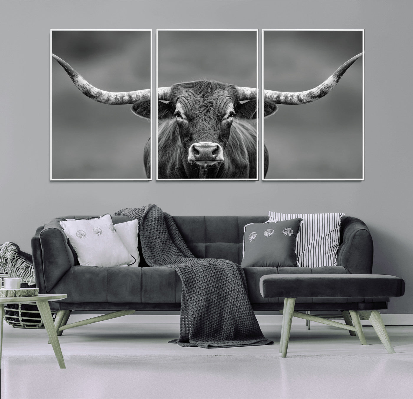81228550-MGV-FC-60X30-3P_White-Framed Texas Longhorn Bull Art Canvas Print, Western Bull Wall Art Print, Long Horn Bull Photo Print for Log Cabin, Large Bull