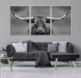 81228550-MGV-FC-60X30-3P_White-Framed Texas Longhorn Bull Art Canvas Print, Western Bull Wall Art Print, Long Horn Bull Photo Print for Log Cabin, Large Bull
