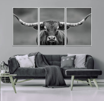 81228550-MGV-FC-60X30-3P_White-Framed Texas Longhorn Bull Art Canvas Print, Western Bull Wall Art Print, Long Horn Bull Photo Print for Log Cabin, Large Bull