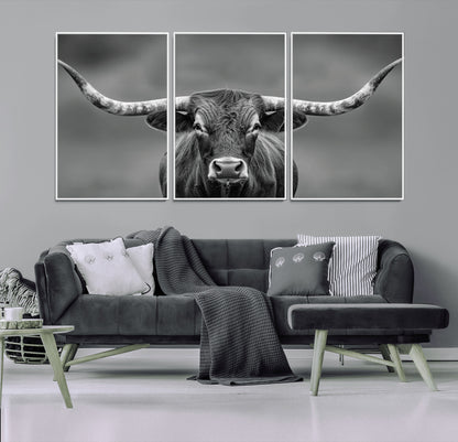 81228550-MGV-FC-60X30-3P_White-Framed Texas Longhorn Bull Art Canvas Print, Western Bull Wall Art Print, Long Horn Bull Photo Print for Log Cabin, Large Bull