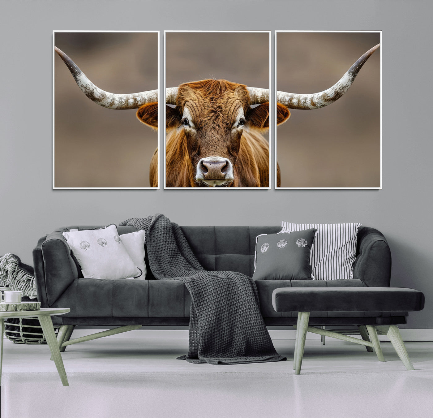 12179171-MGV-FC-60X30-3P_White-Texas Longhorn Wall Art Canvas Print, Framed Brown Bull Art Picture Print, Lone Cattle Perfect Rustic Western Decor Artwork
