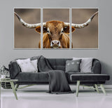 12179171-MGV-FC-60X30-3P_White-Texas Longhorn Wall Art Canvas Print, Framed Brown Bull Art Picture Print, Lone Cattle Perfect Rustic Western Decor Artwork