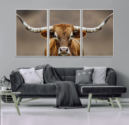 12179171-MGV-CV-36X24-Texas Longhorn Wall Art Canvas Print, Framed Brown Bull Art Picture Print, Lone Cattle Perfect Rustic Western Decor Artwork