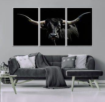 37531960-MGV-CV-36X24-Black Longhorn Bull Wall Art – Dramatic Western Cattle Canvas Print, Rustic Farmhouse Animal Artwork for Living Room, Bedroom,