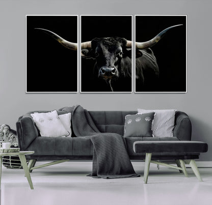 37531960-MGV-CV-36X24-Black Longhorn Bull Wall Art – Dramatic Western Cattle Canvas Print, Rustic Farmhouse Animal Artwork for Living Room, Bedroom,
