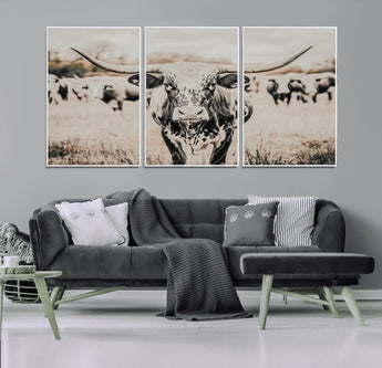 27497342-MGV-FC-60X30-3P_White-Texas Longhorn Wall Art Canvas Print, Framed Speckled Cow Art Picture Print, Horned Cattle Perfect Rustic Western Decor Artwork