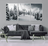 31156828-MGV-FC-60X30-3P_White-Snowy Pines Wall Art Canvas Print, Framed Ski Lift Art Picture Print, Winter Forest Perfect Moody Lodge Decor Artwork