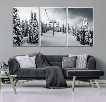 31156828-MGV-CV-36X24-Snowy Pines Wall Art Canvas Print, Framed Ski Lift Art Picture Print, Winter Forest Perfect Moody Lodge Decor Artwork