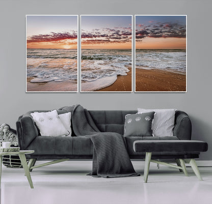 39846389-MGV-FC-60X30-3P_White-Ocean Sunset Wall Art Canvas Print, Framed Sandy Shore Art Picture Print, Gentle Waves Perfect Minimalist Coastal Decor Artwork