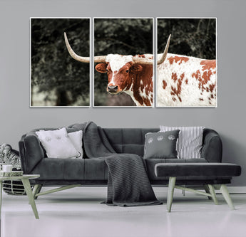 54027638-MGV-CV-36X24-Texas Longhorn Wall Art Canvas Print, Framed Spotted Cow Art Picture Print, Horned Bull Perfect Rustic Western Decor Artwork