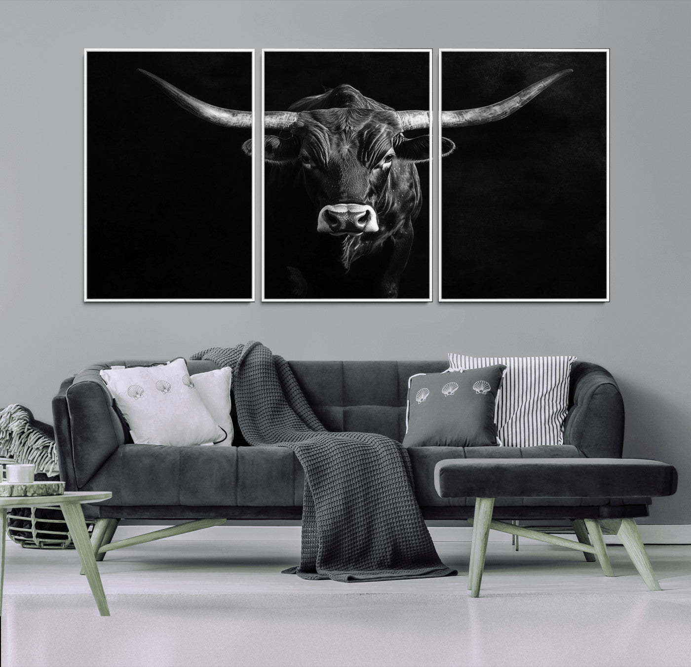 42077175-MGV-CV-36X24-Texas Longhorn Wall Art Canvas Print, Framed Monochrome Bull Art Picture Print, Horned Bull Perfect Rustic Western Decor Artwork