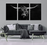 42077175-MGV-CV-36X24-Texas Longhorn Wall Art Canvas Print, Framed Monochrome Bull Art Picture Print, Horned Bull Perfect Rustic Western Decor Artwork