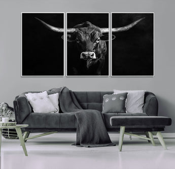 42077175-MGV-CV-36X24-Texas Longhorn Wall Art Canvas Print, Framed Monochrome Bull Art Picture Print, Horned Bull Perfect Rustic Western Decor Artwork